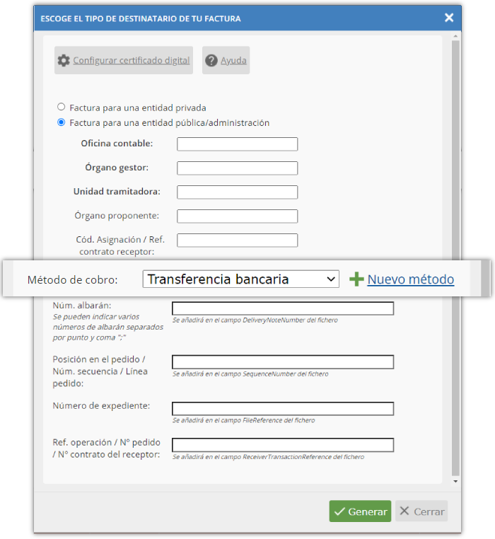 Campos formulario destinatario FacturaE